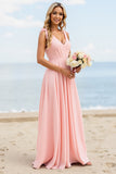 Chiffon A Line Candy Pink Long Boho Bridesmaid Dress with Bow