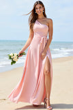 One Shoulder Candy Pink A Line Long Boho Bridesmaid Dress With Slit