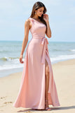 One Shoulder Candy Pink A Line Long Boho Bridesmaid Dress With Slit