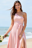 One Shoulder Candy Pink A Line Long Boho Bridesmaid Dress With Slit