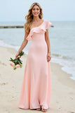 Chiffon One Shoulder Candy Pink Ruffled Long Boho Bridesmaid Dress