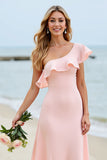 Chiffon One Shoulder Candy Pink Ruffled Long Boho Bridesmaid Dress