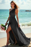 One Shoulder Ruched A Line Green Long Boho Bridesmaid Dress With Slit