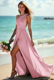 Dusty Sage One Shoulder Ruched A Line Long Boho Bridesmaid Dress with Slit