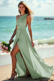 One Shoulder Ruched A Line Green Long Boho Bridesmaid Dress With Slit
