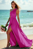 Dusty Sage One Shoulder Ruched A Line Long Boho Bridesmaid Dress with Slit