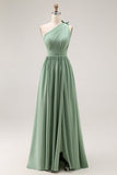 One Shoulder Green A Line Ruched Long Bridesmaid Dress with Slit