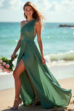 One Shoulder Ruched A Line Green Long Boho Bridesmaid Dress With Slit