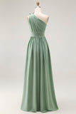 One Shoulder Green A Line Ruched Long Bridesmaid Dress with Slit