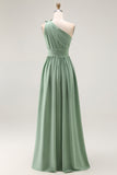 One Shoulder Ruched A Line Green Long Boho Bridesmaid Dress With Slit