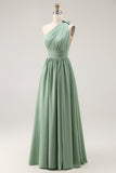 One Shoulder Green A Line Ruched Long Bridesmaid Dress with Slit