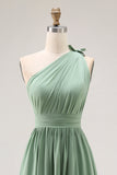 One Shoulder Green A Line Ruched Long Bridesmaid Dress with Slit