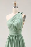 One Shoulder Green A Line Ruched Long Bridesmaid Dress with Slit