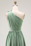 One Shoulder Green A Line Ruched Long Bridesmaid Dress with Slit