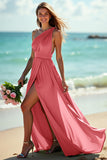 One Shoulder Ruched A Line Green Long Boho Bridesmaid Dress With Slit