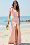 Blush A Line One Shouolder Long Bridesmaid Dress With Slit
