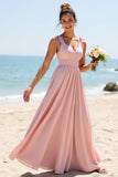 Candy Pink A Line V-Neck Chiffon Long Boho Bridesmaid Dress