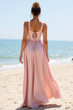 Candy Pink A Line V-Neck Chiffon Long Boho Bridesmaid Dress