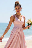 Candy Pink A Line V-Neck Chiffon Long Boho Bridesmaid Dress