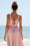Candy Pink A Line V-Neck Chiffon Long Boho Bridesmaid Dress