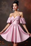 Sparkly Pink Cold Shoulder Beaded A Line Short Cocktail Dress