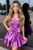 Purple A Line Satin Short Cocktail Dress with Bow