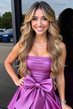 Purple A Line Satin Short Cocktail Dress with Bow
