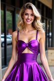 A Line Purple Cut Out Satin Short Cocktail Dress