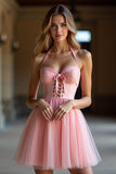 Blush Corset A Line Tulle Halter Short Cocktail Dress