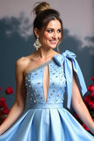 Sparkly A Line Corset Sky Blue Beaded Short Cocktail Dress