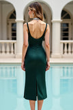 Sparkly Deep V Neck Ruched Pine Midi Cocktail Dress with Beading