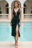 Sparkly Deep V Neck Ruched Pine Midi Cocktail Dress with Beading