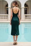 Sparkly Deep V Neck Ruched Pine Midi Cocktail Dress with Beading