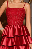 Sparkly Dark Red Satin Corset Mini Cocktail Dress with Beading