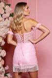 Candy Pink Cold Shoulder Corset Bodycon Cocktail Dress