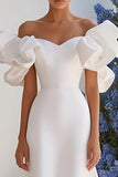 Ivory Satin A Line Off the Shoulder Floor-Length Wedding Dress