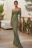 Dusty Sage Mermaid Off the Shoulder Long Formal Dress with Sleeves