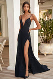 Black Spaghetti Straps Sheath Polka Dots Long Formal Dress With Slit