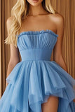 Blue Tulle Ball Gown Ruffled Asymmetrical Formal Dress