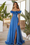 Off The Shoulder Blue A Line Ruffled Long Formal Dress With Slit