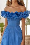 Off The Shoulder Blue A Line Ruffled Long Formal Dress With Slit