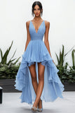 Sky Blue Chiffon V-Neck A Line High-Low Formal Dress