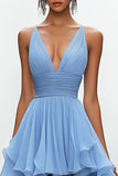 Sky Blue Chiffon V-Neck A Line High-Low Formal Dress