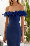 Mermaid Ruffled Off The Shoulder Navy Long Formal Dress