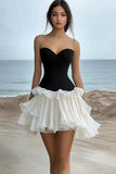 Black and White Chiffon A Line Short Cocktail Dress with Ruffles