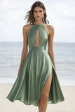 Dusty Sage Chiffon A Line Midi Cocktail Dress with Slit