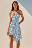 Blue White Flower Chiffon Sweetheart Short Boho Dress