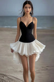 Black and White Spaghetti Straps A Line Ruffled Short Cocktail Dress
