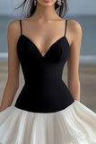 Black and White Spaghetti Straps A Line Ruffled Short Cocktail Dress