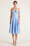 Sky Blue Satin Strapless A Line Midi Graduation Dress